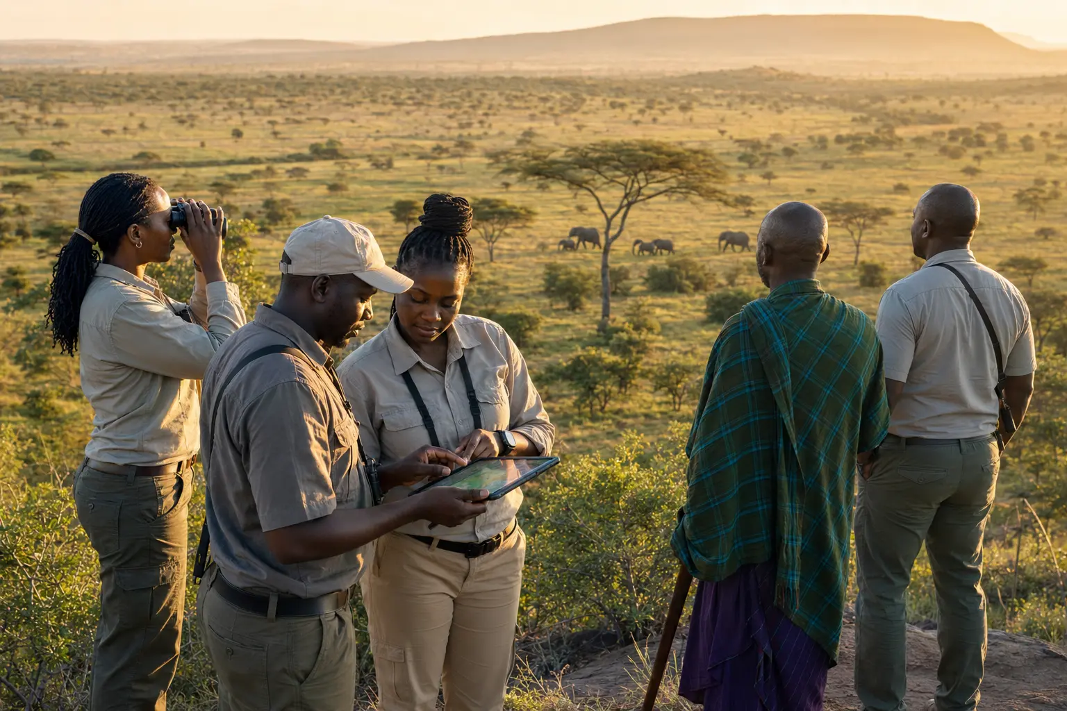 Conservation researchers observing wildlife habitat at a safe distance